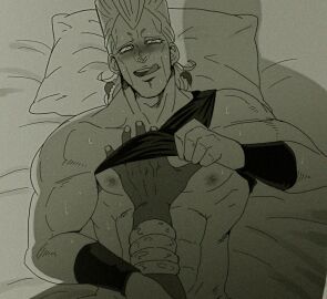 2boys bed black_topwear bracelet broken_heart_earrings dark_skin earrings enjoying gay hand_on_chest hand_under_shirt holding_shirt holy_shit jean_pierre_polnareff jojo's_bizarre_adventure lifting_shirt light_skin looking_at_viewer lying lying_on_back lying_on_bed male male_focus male_only mohammed_avdol muscular muscular_male nipples nipples_outside on_bed partially_clothed pillow sheets stardust_crusaders sweat sweaty_body tongue tongue_out top_lift yaoi