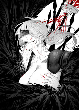 armor big_breasts braided_hair braids breasts cleavage covered_eyes crying eriurias73 eye_mask fangs fear_and_hunger fear_and_hunger:_termina feathered_wings female female_only glasgow_smile harpy karin_(fear_and_hunger) long_hair mask monochrome moonscorched pauldrons ponytail scratches scratching sharp_claws sharp_fingernails solo tears upper_body valkyrie_(fear_and_hunger) wings