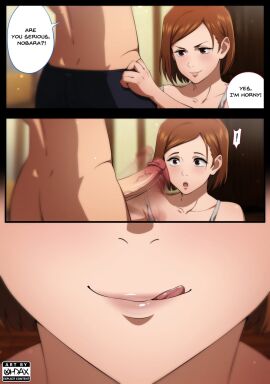 ! 1boy artist_logo artist_name ass brown_eyes close-up closed_mouth collarbone comic english_text erection female femdom highres imminent_oral jujutsu_kaisen kugisaki_nobara large_penis licking_lips lips looking_at_penis male male_underwear male_underwear_pull motion_blur motion_lines ohdax open_mouth paid_reward_available panels penis portrait pulling_another's_clothes shirt short_hair sleeveless sleeveless_shirt smile solo_focus speech_bubble tank_top tongue tongue_out uncensored underwear veins veiny_penis white_shirt