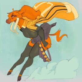 1girls 2025 anthro anthrofied ass ass_grab belt dust_cloud equine female full_body furry hand_on_ass hand_on_butt hi_res hooves horse_ears horse_race_tests jacket jacket_on_shoulders jovial_merryment kattfish leggings looking_at_viewer medallion medals one_color_background orange_eyes orange_fur short_skirt short_tail skirt_up smiling snout solo thick_thighs wristwear