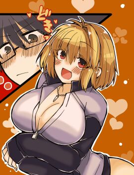 1boy 1girls 2323astronomy arcueid_brunestud big_breasts black_hair blonde_hair blush boobs bottomless breasts breasts_bigger_than_head cleavage color curvy female glasses huge_breasts jacket jacket_only large_breasts male necklace red_eyes short_hair tohno_shiki top_heavy tsukihime tsukihime_(remake)