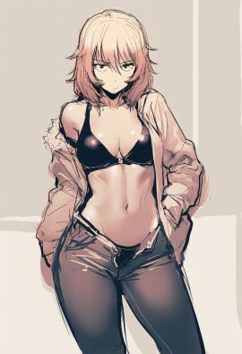 1girls andou_(girls_und_panzer) bra brunette brunette_hair female girls_und_panzer kobayashi3biker pubic_hair pubic_hair_peek tagme tanned tanned_body tanned_female tanned_skin tomboy underwear unzipped unzipped_jacket unzipped_pants