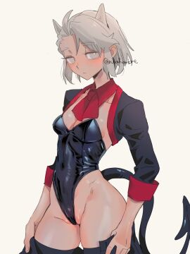 1girls blind breasts curvy_female curvy_figure demon demon_girl demon_horns demon_tail female helltaker justice_(helltaker) leotard medium_breasts noah_(tettsui-sole) noaharbre solo solo_female tagme thighhighs white_hair