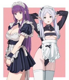 2girls absurdres alternate_costume apron arms_behind_head black_ribbon blunt_bangs blush border breasts cleavage clenched_hands cowboy_shot earrings elf enmaided eyebrows eyebrows_hidden_by_hair female female_only fern_(sousou_no_frieren) floating_earring frieren green_eyes grey_hair groin hair_over_shoulder highres jewelry large_breasts light_blush long_hair long_sleeves looking_at_viewer maid maid_apron maid_headdress medium_breasts multiple_females multiple_girls open_mouth outside_border parted_bangs pointy_ears purple_hair ribbon shiren_(ourboy83) sidelocks simple_background sousou_no_frieren standing strapless thick_eyebrows thighhighs tube_top twintails underboob white_border white_thighhighs wrist_cuffs
