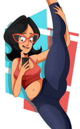 ass big_breasts black_hair bob's_burgers breasts crop_top earrings female glasses linda_belcher long_hair milf sonson-sensei splits yoga_pants