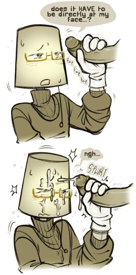 2boys anonymous_male brown_topwear cum cum_on_face cum_on_glasses cumshot dialogue face_closeup fully_clothed gloves lampert_(regretevator) male masturbating_other masturbation mechanophilia monochrome non-human object_head onomatopoeia rectangular_glasses regretevator roblox roblox_game self_upload solo_focus toony turtleneck turtleneck_sweater weedazite