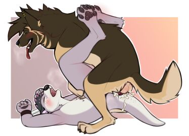 anal anal_sex animal_genitalia animal_penis anthro anthro_on_feral ass bodily_fluids bondage bound breath brown_body brown_fur canid canine canine_genitalia canine_penis canis cuff_(restraint) cum cum_in_ass cum_inside cum_on_ass cum_on_butt cum_on_tail domestic_dog duo ear_piercing facial_piercing feral from_front_position fur genital_fluids genitals german_shepherd gold_(metal) gold_jewelry grey_body grey_fur herding_dog hi_res jewelry knot looking_pleasured lying male male/male mammal mgangalion missionary_position mustelid nose_piercing on_back otter panting pastoral_dog penetration penis piercing restraints sex tail tongue tongue_piercing tuckshep typh_otter white_body white_fur zoophilia