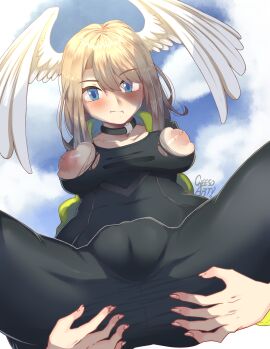 2022 absurd_res areola big_areola big_breasts blonde_hair blue_eyes blue_sky blush breast_squish breasts bursting_breasts cameltoe cheesoart clothing cloud collar detailed_background eunie_(xenoblade) exposed_breasts feathered_wings feathers female female_humanoid genital_outline glistening glistening_hair hair head_wings hi_res holding_butt humanoid light_body light_skin long_hair looking_at_viewer looking_down low-angle_view montgomery_glands outside plump_camel_toe pouting puffy_areola puffy_pussy pussy pussy_outline skinsuit sky solo spread_legs spreading squish tight_clothing torn_skinsuit white_body white_feathers wings xenoblade_(series) xenoblade_chronicles_3