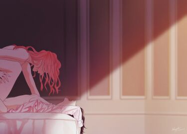 2girls absurdres black_hair breasts commentary completely_nude dated english_commentary female highres implied_tribadism indoors long_hair long_sleeves lying multiple_females multiple_girls neiigal nipples nude on_back open_clothes open_mouth open_shirt original pink_hair red_lips shade shirt signature small_breasts straight_to_the_point sweat white_shirt yuri