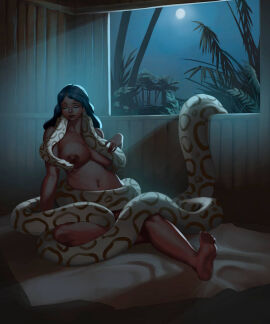 black_hair buxom coiled_up coiling coiling_around_body coils feet female hut jesse_coy jungle lips moonlight navel night nipples nude nude_female partially_covered python sand seated snake tender