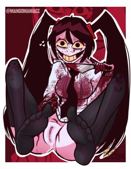 aged_up black_hair black_stockings blood_on_face bloody_clothes bloody_knife crazy_eyes crazy_smile creepypasta dripping dripping_pussy dripping_wet feet feet_focus feet_up female female_only flashing flashing_pussy hatsune_miku horror jeff_the_killer knife leaking_pussy long_hair mangomaniacz meme miku_the_killer pale_skin pin_up pink_pussy pussy pussy_juice pussy_juice_drip pussy_juice_trail smile solo stockings sweatshirt tie tied_hair trend twintails vocaloid yellow yellow_teeth