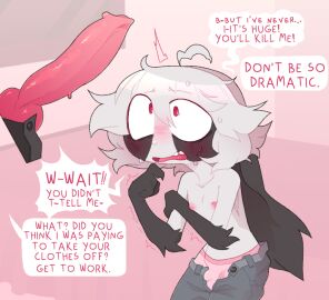 2boys 4_fingers antenna_hair anthro areola big_penis black_and_white_fur blush bodily_fluids bottomwear bottomwear_down breasts briefs bulge claws clothed clothing colored comic constricted_pupils denim denim_bottomwear denim_clothing dialogue disembodied_penis english_text femboy finger_claws fingers genitals girly grey_bottomwear grey_clothing grey_jeans grey_pants hair hand_on_arm it'll_never_fit jeans knot lagomorph leporid long_ears male male_only mammal nipples open_mouth ori_(sinnerpen) original original_character pants pants_down partially_clothed penis penis_awe pink_briefs pink_clothing pink_underwear prostitution pupils rabbit red_eyes red_penis shaded shaking simple_shading sinnerpen size_talk small_breasts small_pupils solo_focus speech_bubble surprise sweat sweatdrop teeth text trembling unbuttoned_pants uncensored underwear white_hair