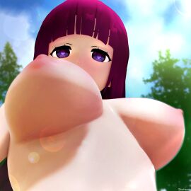 3d breasts female fern_(sousou_no_frieren) from_below highres long_hair looking_at_viewer nipples nude purple_eyes purple_hair self-upload shotacoin simple_background solo solo_focus sousou_no_frieren uncanny_valley