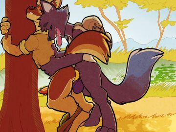 anal anal_sex anthro ass backpack balls bodily_fluids bottomless canid canine canis clothed clothing cum cum_in_ass cum_inside domestic_dog duo eyeball6300_(chiv) genital_fluids genital_piercing genitals german_shepherd herding_dog hi_res hiking knot male male/male mammal outside pastoral_dog penetration penis penis_piercing piercing plant pond smile tree