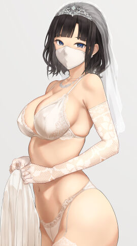 ass athletic belly big_breasts black_hair blue_eyes breasts cowboy_shot face_mask fat_ass female female_only lace_trim large_breasts lingerie long_gloves looking_at_viewer mask mouth_mask original original_character veil wedding_veil white_lingerie wide_hips