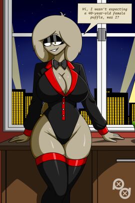 1female artist_logo big_breasts bowtie city city_lights club_penguin curvy curvy_female dialogue dialogue_box disney female female_only lampshade leotard night night_city older_female puffle puffle_rosanne_(puffledreemurr) puffledreemurr stockings suit table window