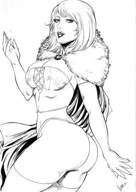 ass ass_focus big_ass big_butt black_and_white breasts bubble_ass bubble_butt cleavage corset ed_benes_studio emma_frost female hellfire_club large_breasts leonardo_lourenco marvel marvel_comics panties pinup pinup_pose thong thong_panties traditional_media_(artwork) white_queen x-men