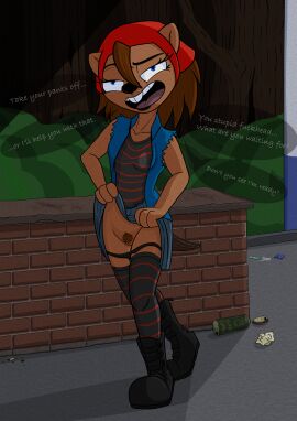 absurd_res anthro beaver bodily_fluids boots bottomwear breasts brown_body buckteeth clothed clothing clothing_lift digital_media_(artwork) english_text exposing_pussy female footwear genital_fluids genitals hair hi_res jenny_(waver-ring) legwear looking_at_viewer lynxcorner mammal nude open_mouth outside partially_clothed presenting pubes public public_nudity pussy raised_bottomwear raised_clothing raised_skirt rodent shoes simple_background skirt skirt_lift smile socks solo stockings tail teeth text topwear underwear