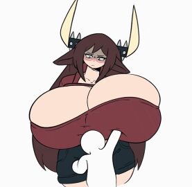 1boy 1girls animal_ears animated big_breasts bouncing_breasts breasts cow_ears cow_girl cow_horns cow_tail enormous_breasts female gigantic_breasts glasses hyper_breasts male massive_breasts moomoo_(fiffer) red_dress