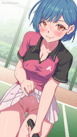 absurdres blue_hair blush censored closed_mouth clothes_lift collared_shirt covered_erect_nipples cowboy_shot female highres holding holding_racket holding_tennis_racket kanikatsuya legs_together lifting_own_clothes looking_at_viewer mole mole_under_eye mosaic_censoring no_panties orange_eyes original outdoors pink_shirt pubic_hair pussy pussy_juice racket shirt short_hair short_sleeves skirt skirt_lift smile solo sportswear standing sweat tennis_court tennis_racket tennis_uniform underwear white_skirt