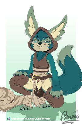 absurd_res animal_genitalia animal_penis balls belt belt_buckle bottomwear bottomwear_aside buckle canine_genitalia canine_penis clothing clothing_aside crouching fisk24 fully_sheathed genitals hi_res hood leggings legwear loincloth loincloth_aside male nimh'ia penis saggy_balls sheath topwear vest