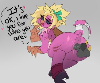 anthro anus avian beak bent_over black_penis blonde_hair bodily_fluids countershading cum cum_in_pussy cum_inside dialogue disembodied_penis duo english_text feathers female female_anthro female_penetrated from_behind_position genital_fluids genitals grey_background hair hi_res looking_at_genitalia looking_at_penis male male/female male_penetrating male_penetrating_female penetration penile penile_penetration penis penis_in_pussy pink_body pink_countershading pink_feathers pussy sex simple_background solo_focus species_request text tombstonnie vaginal_penetration