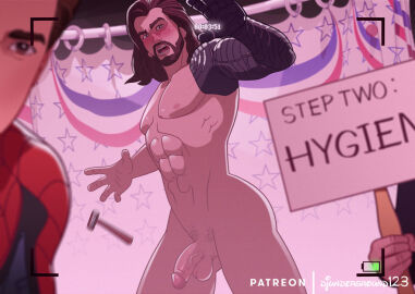 2022 blush brown_hair bucky_barnes camera camera_pov camera_view caught_naked caught_off_guard clothed_male_nude_male cmnm djunderground123 embarrassed embarrassed_nude_male enm enmtoonz male male_only marvel marvel_comics muscular patreon public public_exposure recording shaving shaving_crotch shower six_pack spider-man what_if...? winter_soldier