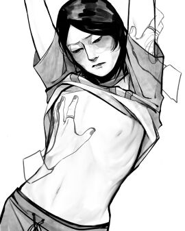 1boy biting_lip breasts gay groping groping_breasts hand_on_breast hands_up human lifted_shirt male male_only nam-gyu skinny skinny_male solo_focus squid_game tattoo thanos_(squid_game) thin_waist