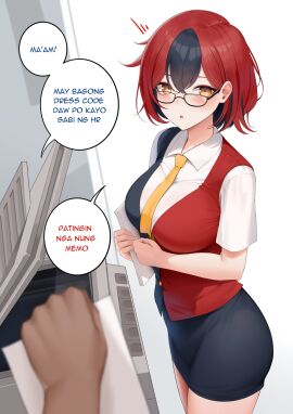 1girls bare_thighs black_hair conversation exposed_thighs female filipino_text glasses hi_res highres indie_virtual_youtuber looking_at_viewer necktie office_lady red_hair safe_for_work speech speech_bubble swivellevt tagalog_text talking talking_to_another text two-tone_hair vaughnilla virtual_youtuber yellow_eyes