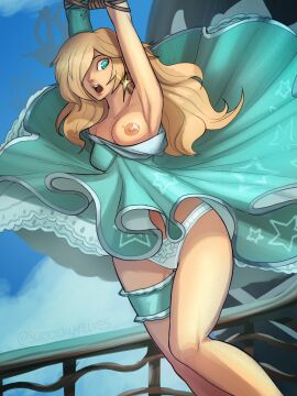 1girls 2024 areolae armpit artist_signature blonde_hair blue_eyes bondage bound breasts dress earrings female female_only hair_over_one_eye human long_hair mario_(series) mildmagicks nintendo nipples one_breast_out open_mouth panties princess_rosalina restrained rope rope_bondage solo thighs