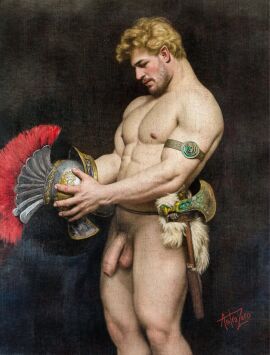 1boy astra_zero balls big_balls big_penis flaccid foreskin gay greek greek_mythology historical history male male_only muscles muscular muscular_male mythology nipples painting penis soldier solo_male uncircumcised uncut