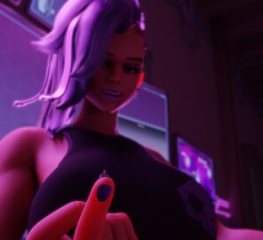 1boy 1girls 3d 3d_(artwork) alternate_version big_breasts bikini bikini_top blizzard_entertainment breasts dark-skinned_female dark_skin dbhfrost female female_focus huge_boobs huge_breasts male mexican mexican_female olivia_colomar overwatch overwatch_2 purple-haired_female purple_hair scrag_sombra shrunk shrunken_male sombra