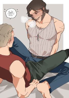 2boys arm_hair barefoot belt blue_pants blush boner breath brown_hair bulge bulge_press bulges_touching deadpool denim erection erection_under_clothes facial_hair full-face_blush gay green_eyes green_pants james_howlett jeans large_pectorals light_brown_hair logan_(x-men) looking_at_another male male_focus male_only marvel marvel_comics multiple_boys multiple_males muscular muscular_male mutant_(marvel) mutate_(marvel) open_mouth pants pectorals penis saliva short_hair sitting sleeveless spoken_blush spoken_sweatdrop spread_legs sweatdrop teeth wade_wilson wolverine_(x-men) wonpese x-men x-men_origins:_wolverine yaoi
