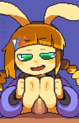 1boy 1girls animal_ears animated animated_gif big_breasts blue_background blue_jacket blunt_bangs blush_stickers braid breasts breasts_squeezed_together brown_hair dark-skinned_male dark_skin female green_eyes hetero jacket konami large_breasts looking_at_penis lowres male mimi_(pop'n_music) nipples open_clothes open_jacket open_mouth osimder paizuri penis pixel_animation pixel_art pop'n_music pov rabbit_ears rabbit_girl simple_background twin_braids twintails