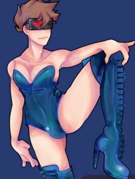 1boy blue_leotard eddsworld femboy future_tom_(eddsworld) heel_boots heels knee_boots leg_up leotard male male_only presenting solo solo_male strapless_leotard stretching thigh_boots tom_(eddsworld)