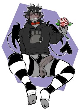 bileshroom commission devil_horns devil_tail male male_only no_pants original penis penis_out pinup rose rose_(flower) sebastian_wolf solo_male thick_pubes thighhighs winking_at_viewer