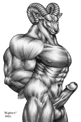 anthro balls big_muscles bighorn_sheep bovid caprine erection genitals horn huge_muscles humanoid_genitalia humanoid_penis hyper hyper_muscles jay_shell looking_at_viewer male mammal muscles muscular navel nipples penis sheep smile solo
