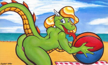 2005 absurd_res anthro badgerben ball_(object) beach beach_ball beach_towel belly_scales blonde_hair blue_eyes breasts crystal_(badgerben) dragon female forked_tongue genitals green_body green_scales hair hi_res horn inflatable multicolored_body multicolored_scales mythological_creature mythological_scalie mythology non-mammal_breasts nude pussy scales scalie seaside sky solo tongue tongue_out towel traditional_media_(artwork) two-tone_body two-tone_scales water yellow_body yellow_scales