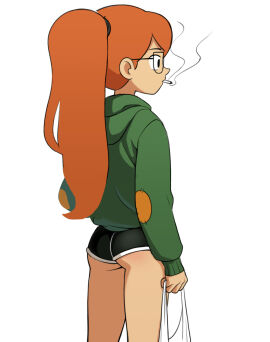 aged_up ass_hanging_out_of_shorts bag booty_shorts cartoon_network cigarette clothing eyewear female glasses hbo_max highres hoodie human infinity_train mangamaster orange_hair outerwear pale_skin short_shorts shorts tulip_olsen