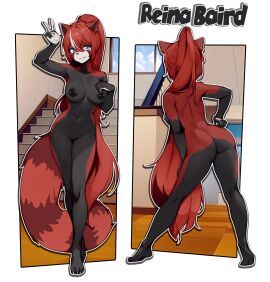 2023 5_fingers ailurid alpha_channel anthro areola ass black_areola black_nipples breasts digital_media_(artwork) ear_piercing feet female fingers front_view gesture hand_gesture hi_res looking_at_viewer mammal medium_breasts model_sheet navel navel_piercing nipple_piercing nipples nude nude_female piercing rear_view red_panda reina_(reinabaird) sicmop solo stairs toes v_sign