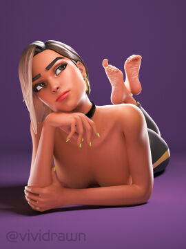 alternate_version alternate_version_available antonia_(fortnite) breasts choker clothed clothed_female clothing dark-skinned_female dark_skin feet feet_focus female foot_fetish foot_focus fortnite head_tilt laying_down laying_on_stomach looking_up multicolored_hair partially_clothed partially_clothed_female scrunched_toes shiny shiny_hair shiny_skin topless topless_female vividrawn