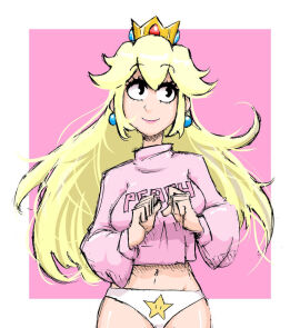 1girls black_eyes blonde_hair breasts crown earrings female gingrjoke large_breasts long_hair mario_(series) midriff navel nintendo panties pink_shirt princess_peach shirt white_panties