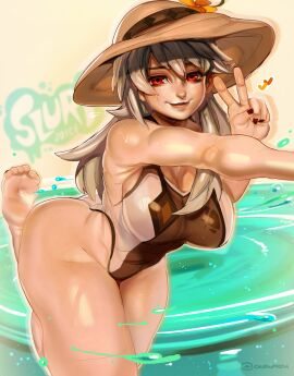 1girls 2d ass bare_shoulders big_ass big_breasts breasts cashumeru cleavage epic_games feet female female_only fortnite fortnite:_battle_royale hat heart_symbol leg_up lexa_(fortnite) lexa_hexbringer_(fortnite) light-skinned_female light_skin long_hair looking_at_viewer one-piece_swimsuit painted_nails peace_sign red_eyes solo solo_female submerged_legs swimsuit swimwear tagme thick_thighs thighs v_sign wet white_hair