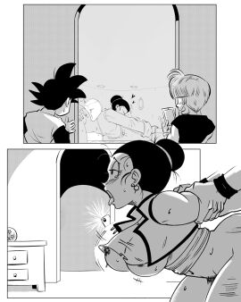 2d chichi chichi_(majin_buu_saga) clapping_cheeks dragon_ball dragon_ball_z edit female fucked_from_behind fucked_silly funsexydragonball glassfish male son_goku son_goten third-party_edit tongue tongue_out trunks_briefs uncolored