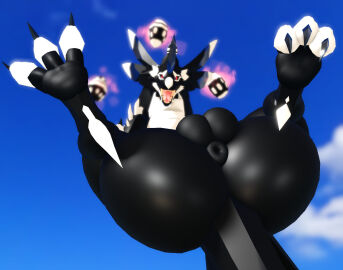 3_toes 3d_(artwork) 4_ears anus aranga_(dragon_adventures) ass balls big_ass big_butt black_body black_fur claws digital_media_(artwork) dragon egg feet feral flying fur furred_dragon furred_scalie genitals glistening glistening_butt horn hybrid levitation looking_at_viewer male markings multi_ear multicolored_body mythological_creature mythological_scalie mythology open_mouth paws presenting puffy_anus red_eyes scalie sky solo spikes spikes_(anatomy) tail teeth toes tongue white_body white_fur willie_piv wingless_dragon