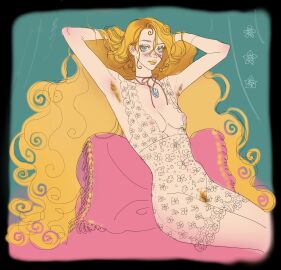 absurdly_long_hair armpit_hair armpits arms_up blonde_hair blue_eyes blush breasts curly_hair fang female female_only hair_between_eyes lingerie looking_at_viewer lyza_(made_in_abyss) made_in_abyss milf necklace negligee nightgown no_bra pubic_hair reclining ribbon_choker romaringo see-through_clothing sitting small_breasts solo uncensored very_long_hair whistle whistle_around_neck yellow_lipstick