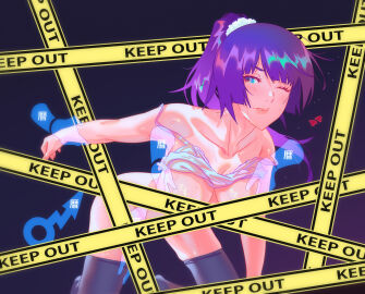 all_fours black_thighhighs blue_eyes breasts caution_tape censored collarbone disembodied_hand eruart eyelashes female gradient_background groping hair_ornament hair_scrunchie highres holding_another's_wrist long_hair medium_breasts monogatari_(series) nisemonogatari one_eye_closed parted_lips ponytail purple_background rapa_rachi scrunchie senjougahara_hitagi skindentation solo_focus sweatdrop thighhighs torn_clothes
