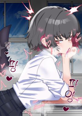 1girls absurdres big_breasts black_choker black_hair black_skirt breasts cheek_rest choker colored_inner_hair condom condom_in_mouth desk ellen_joe ellen_joe_(on_campus) female fins fish_tail from_side heart highres implied_sex indoors light_skin looking_at_viewer looking_to_the_side mouth_hold multicolored_hair oldsickkim red_eyes red_hair school_desk shark_tail shirt shirt_tucked_in short_hair skirt solo tail trembling used_condom victoria_housekeeping white_shirt window zenless_zone_zero