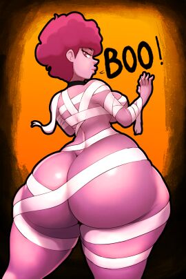 1girls ass big_ass bottom_heavy breasts bubble_butt fat_ass female female_only figura_(n-kosi) gluteal_fold halloween huge_ass large_ass looking_at_viewer looking_back massive_ass mummy mummy_wrappings n-kosi n-kosi_(coloring) no_bra no_panties original pink_hair pink_skin png shapeshifter solo thick_ass thick_thighs thunder_thighs wide_hips