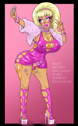 1femboy big_breasts big_eyelashes big_hair bimbo bimbo_choker bimbo_collar bimbo_lips black_eyelashes blonde_hair blue_eyes breast_forms breasts brown_eyebrows choker condom_on_penis crossdressing diggerman drag_queen feet female femboy fur_jacket girly gold_necklace heavy_makeup hip_pads male nose_piercing penis penis_in_panties penis_under_dress pink_background pink_blush pink_choker pink_dress pink_earrings pink_eyeshadow pink_fur pink_hairband pink_high_heels pink_lipstick pink_makeup pink_nail_polish pink_panties platform_heels plump_lips selfie sissy slut_collar star_earrings star_necklace star_tattoos tan-skinned_femboy tattoo_on_cheek tattoo_on_thigh thigh_tattoo tomgirl trap v-sign wide_hips wig